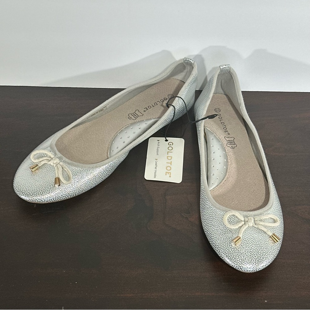 NWT Gold Toe Size 10 Silver Ballet Core Girly Coquette Dressy Bow Comfort Flats
